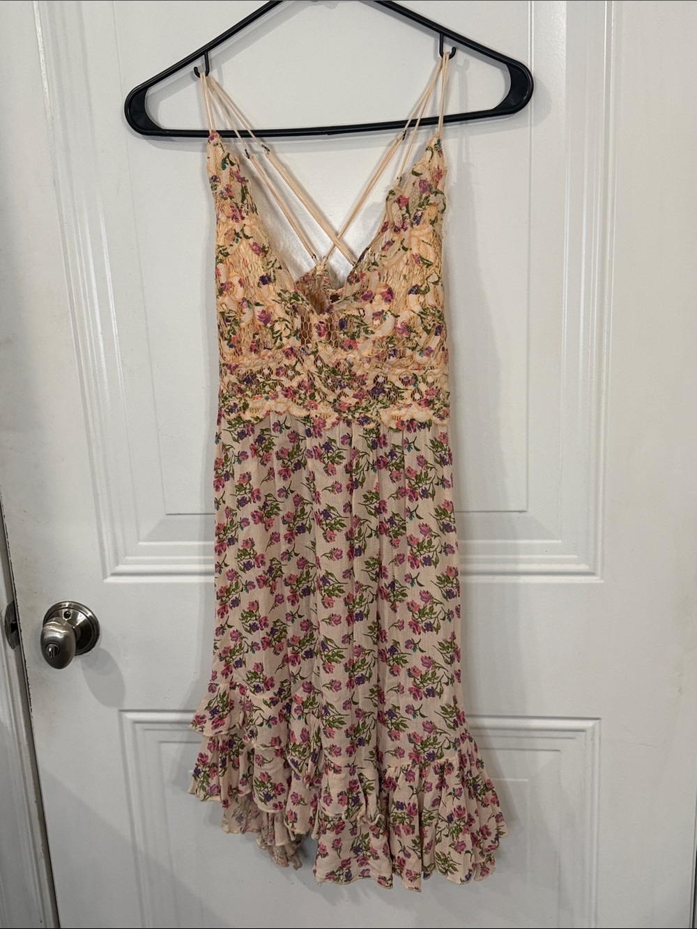 Smocked Floral Midi Dress with Crisscross Straps in Cream and Pink